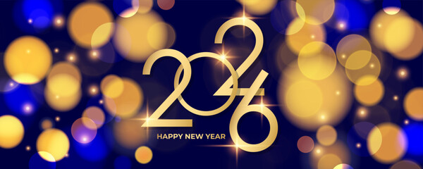 2026 Happy New Year festive banner. New Year's Eve. Bright blurred bokeh lights. Gold and blue colors. Vector illustration.