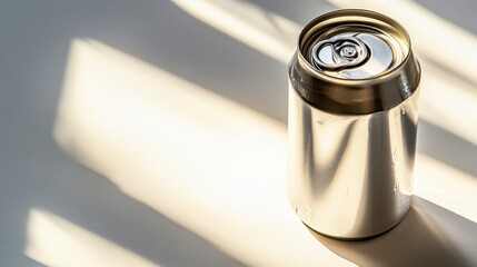 A metallic beverage can sits on a light surface.