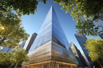Obraz premium Low-angle view of a modern glass and gold skyscraper, framed by lush green trees against a bright blue sky; other buildings visible in the background