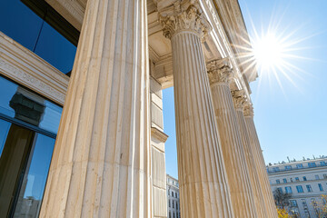 Majestic columns of classical building with sunlight shining through, showcasing architectural beauty and grandeur