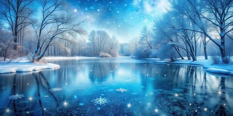 A frozen pond with a blue ice backdrop and snowflakes gently falling on the surface