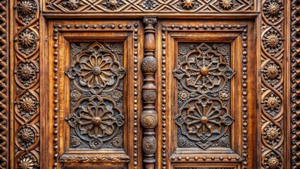Intricate metalwork adorning a ornate wooden door frame with floral patterns and geometric shapes
