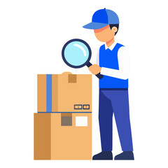 A delivery worker wearing a blue cap and vest uses a magnifying glass to inspect two stacked cardboard boxes
