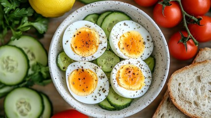 Bowl of sliced boiled eggs and cucumbers with fresh produce