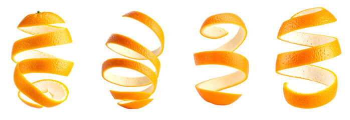 Set of fresh orange peel spiral, isolated on transparent background PNG set