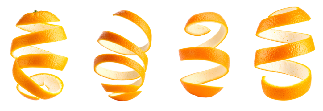 Set of fresh orange peel spiral, isolated on transparent background PNG set