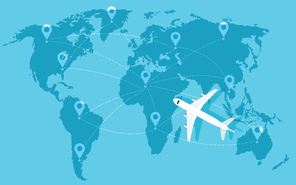 Traveling Around the World, Air Transportation Concept, Travel by Airplane ,World Map and Earth Globe Design with Plane Flying Intercontinental Routes to Various Destinations. vector,illustration