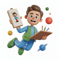 Cartoon Boy Artist Floating Space Drawing Pad Planets