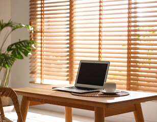 Japanese-style home office in morning light with coffee