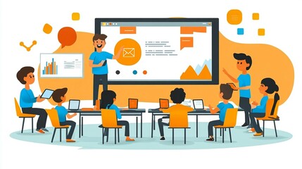 Cartoon classroom scene with a teacher and students using digital devices