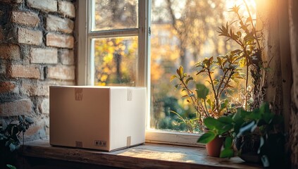A light beige cardboard box sits on a windowsill, bathed in sunlight filtering through a window.  Plants in terracotta pots are visible on the sill. Brick wall behind the window