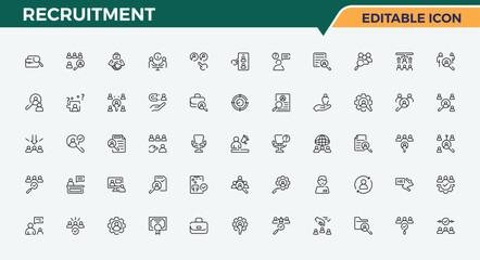 Recruitment linear icon set. Featuring job, employee, career, resource, human resource, hiring and more. Headhunting linear icon collection. Minimal icons pack. Vector collections.