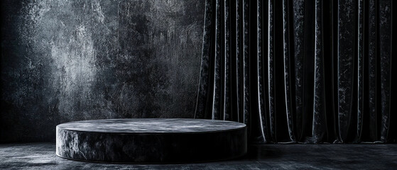 A sleek black velvet stage with rich curtains exudes luxury and anticipation. Mockup Black Friday sales, premium product displays, or elegant promotional visuals.