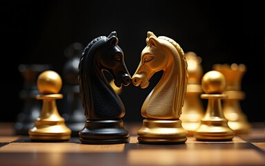 A striking image of gold and black chess pieces colliding with dynamic energy, symbolizing the timeless clash of strategy, intellect, and opposing forces in life. High quality