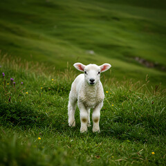 Spring Lamb in Lush Green Pasture: A Peaceful Farm Scene
