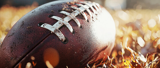 A close-up of a weathered football rests on vibrant grass, capturing grit and determination. sports promotions, team spirit ads, or rugged lifestyle visuals.