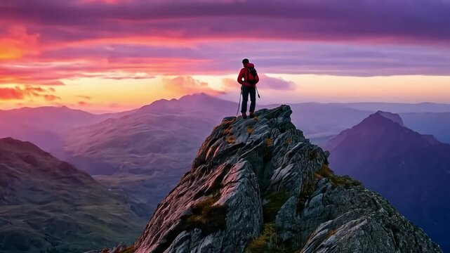This footage captures a hiker on a mountaintop at sunset. A striking landscape unfolds with vibrant colors. Perfect for nature enthusiasts and adventure seekers. Generative AI