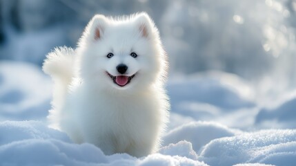 Fluffy white samoyed dog smiling while sitting on a soft cloudy background with bright natural light. Concept of joy and purity