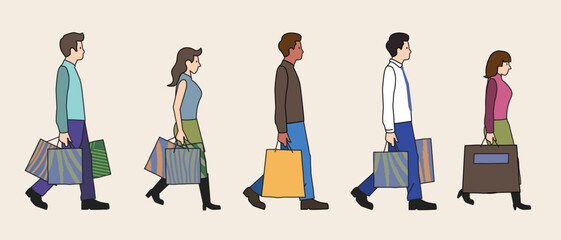 Shopping people. Male and female person buying products in market place shopper characters collection.