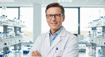 Fototapeta premium Portrait of scientist, arms crossed, smiling in laboratory with pride in medical research and teaching. Mature man, scientist, happy and confident in pharmaceutical vaccine development