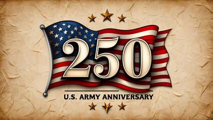 250th U.S. Army Anniversary Commemorative Design with 3D Numbers, American Flag and Historic Parchment Background, Generative AI