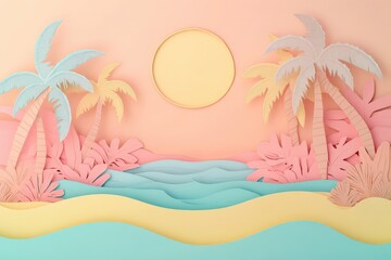 Pastel colored paper cut-out scene of a tropical beach.