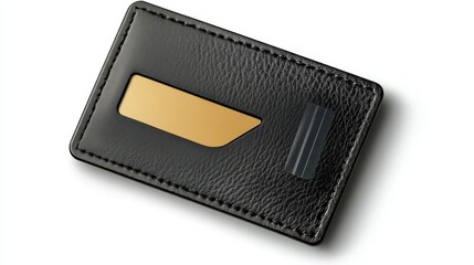 Black leather card holder with gold inlay.