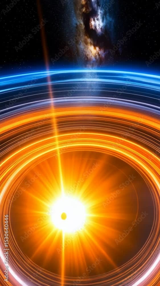 Poster luminous celestial spiral with a vertical laser beam projecting from a bright core in a dark cosmic 