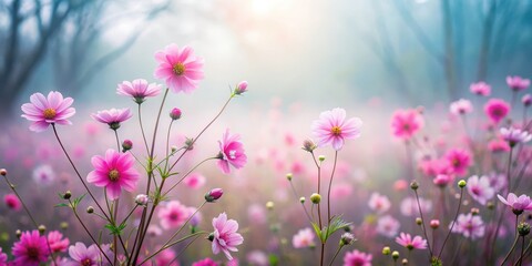 delicate pink flowers in misty foggy landscape with soft focus effect