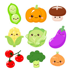 Cute vegetables design, peas, pumpkin, mushroom, eggplant, corn, onion, broccoli, tomatoes, cabbage