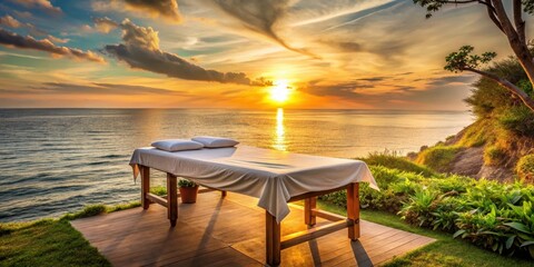Plakat Massaged on a serene outdoor table with stunning sea view at sunset
