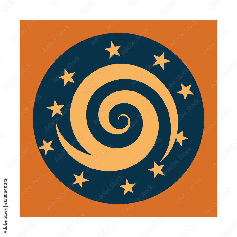 Poster abstract circular design featuring swirling lines and stars on a gradient orange background