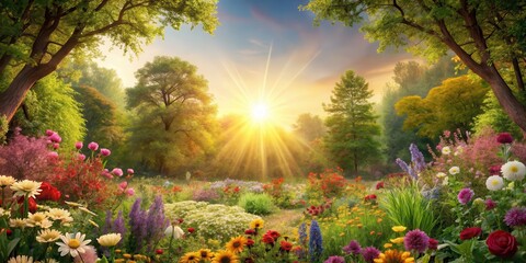 A serene celestial scene with a glowing sun at the center surrounded by vibrant flowers and trees