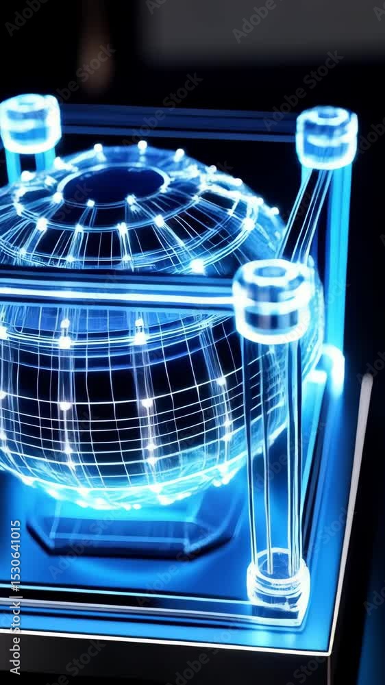 Poster futuristic glowing sphere grid encased within a transparent framework on a reflective pedestal again