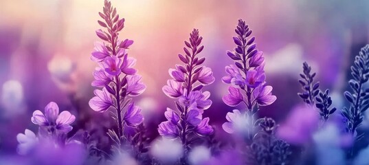 Naklejka premium Vibrant Fields of Purple Wildflowers Under a Golden Sunset, Embracing Nature s Romantic Beauty