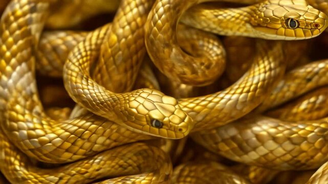 Many golden snakes intertwined creating a striking pattern. Wealth, fortune and danger concept. Shiny reptile scales.