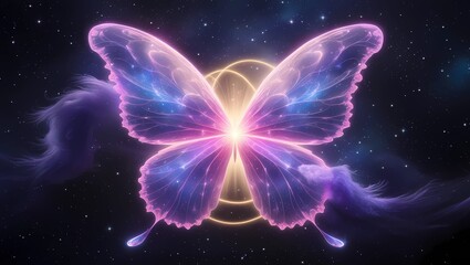 Vibrant butterfly-shaped nebula set against a dark, starry background
