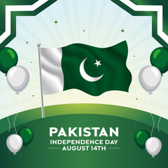 Pakistan Independence Day August 14th with Pakistan flag balloon and sunburst background