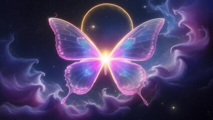 Vibrant butterfly-shaped nebula set against a dark, starry background
