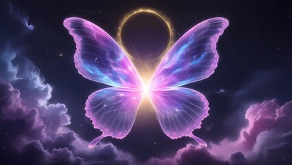 Vibrant butterfly-shaped nebula set against a dark, starry background