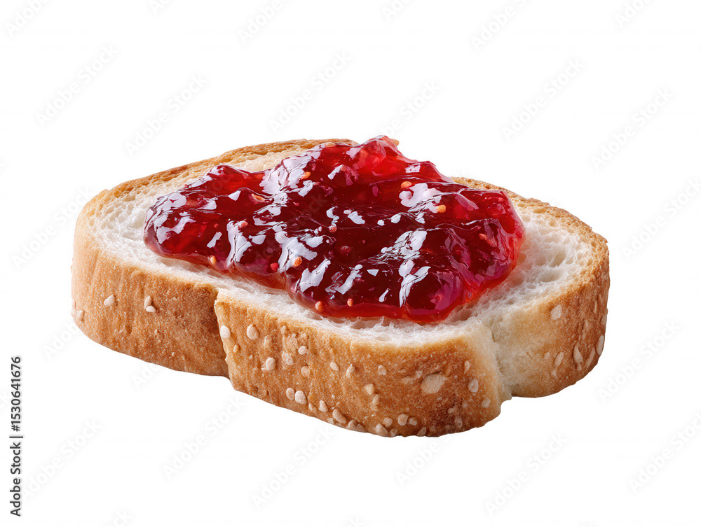 Poster a slice of bread, lightly toasted, is topped with a generous portion of homemade raspberry jam, glis