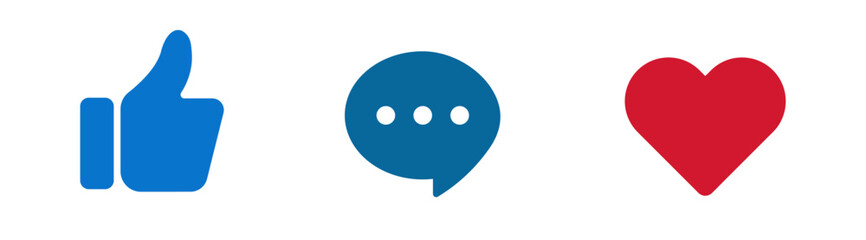 Vector icons of like, comment, heart buttons. Social media icons.