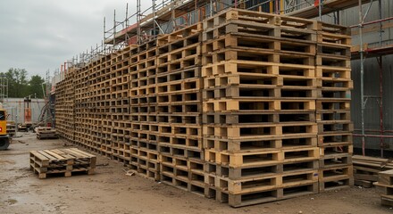 Construction Site Filled with Stacked Wooden Pallets Under Cloudy Sky at Daytime Perfect for Decorating Industrial Design