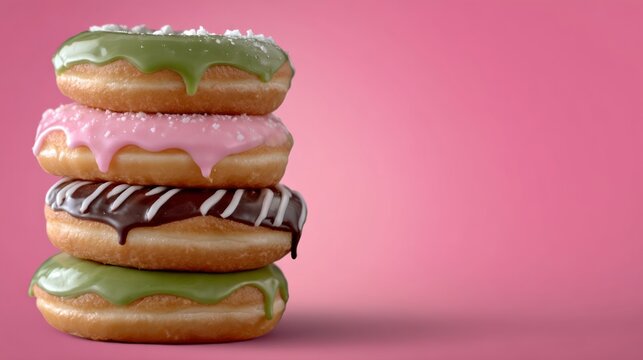 Colorful stacked donuts with vibrant icing in green, pink, and chocolate, showcasing delicious dessert appeal against a soft pink background, perfect for sweet treat promotions and culinary delights