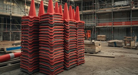 High Angle View Of Stacked Orange Traffic Cones at An Industrial Construction Site With Geometric Pattern