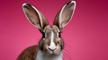 Obraz premium Close-up portrait of a cute rabbit with large ears and expressive eyes, set against a vibrant pink background, showcasing the animal's unique features and playful personality in a charming manner