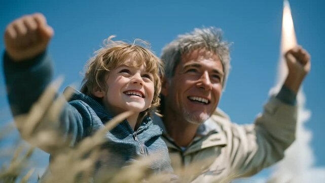 A joyful father-son duo launches a model rocket in an open field.