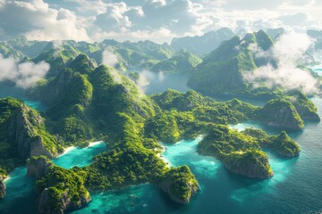 Lush, tropical islands with turquoise waters and misty mountains.