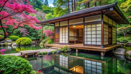 Fototapeta premium Traditional Japanese tea house with tatami mats and shoji screens surrounded by serene bamboo forest