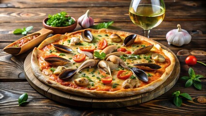 Sizzling seafood pizza on a wooden table with crackers and wine glasses scattered around